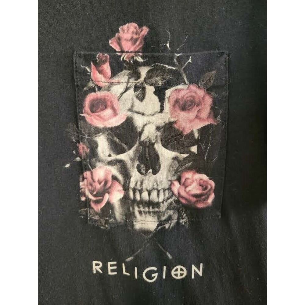 Religion London Black Rose Skull Graphic Tee Short Sleeve Men's T-shirt Size L - Picture 4 of 5